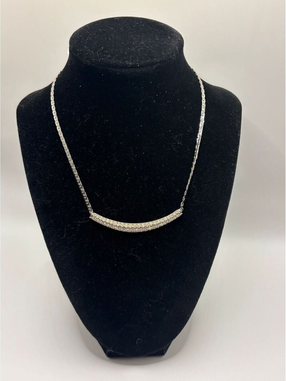 Stamped Swarovski Pave Crystal Crescent Bar Necklace
